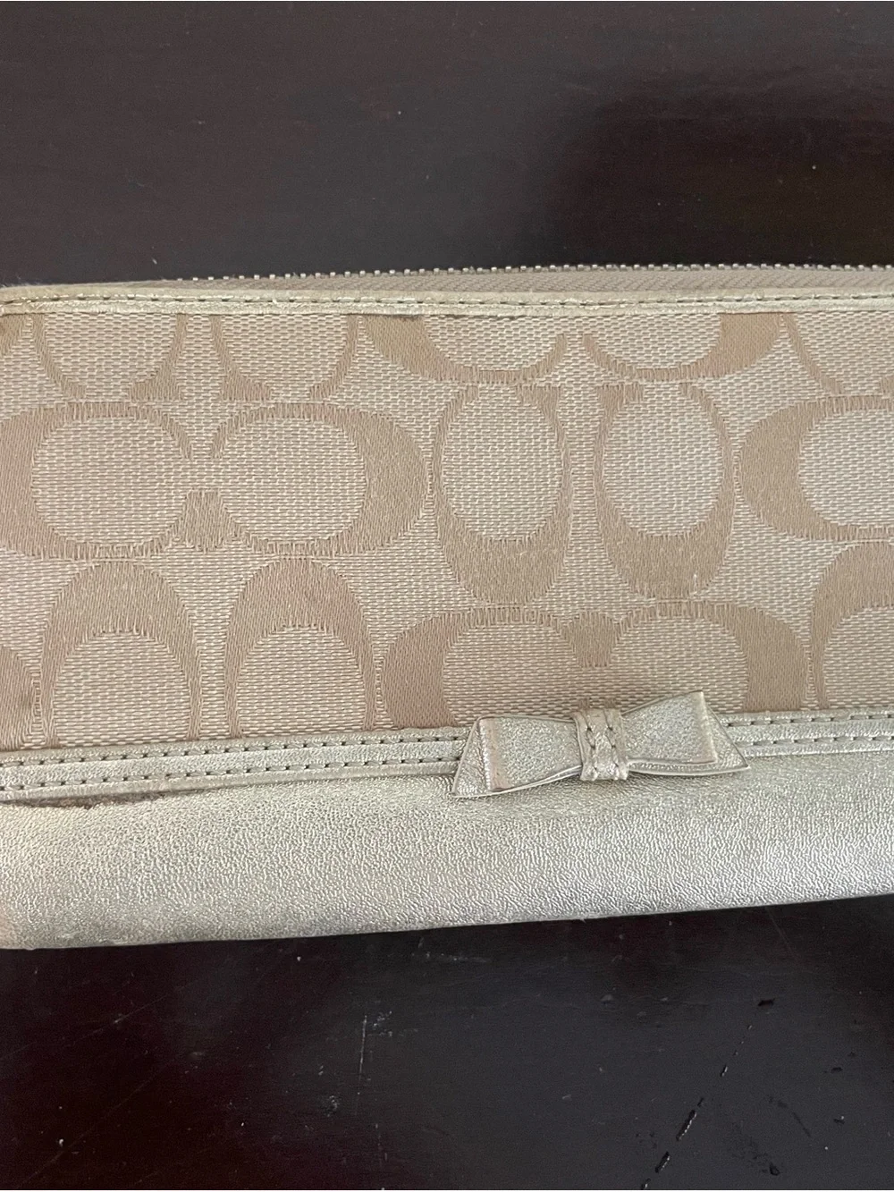 Coach Metallic Trim Signature Canvas Bow Wristlet in Beige
